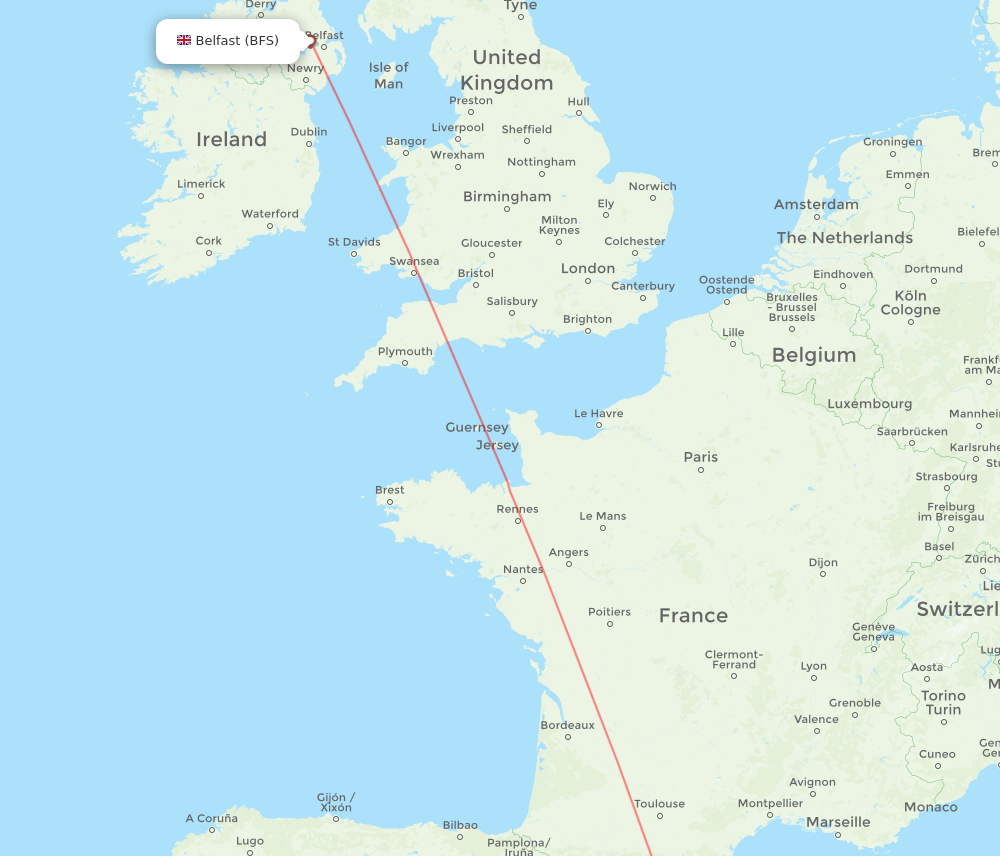 Belfast - Barcelona route map and flight paths