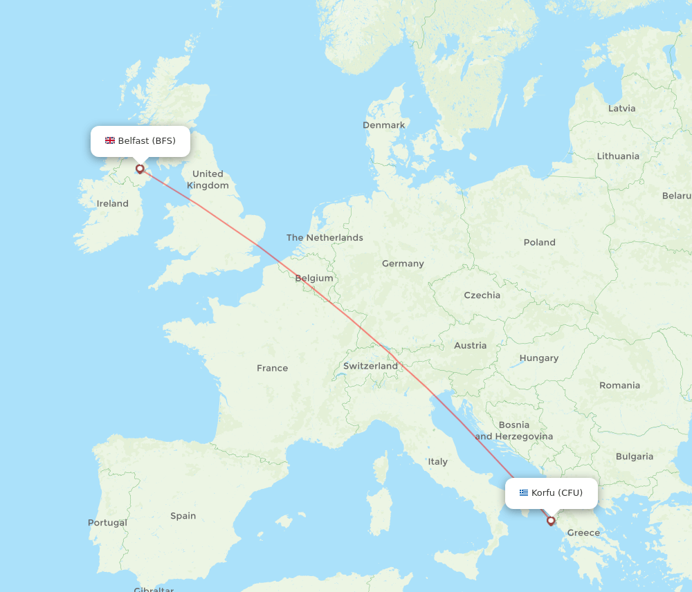 Belfast - Kerkyra route map and flight paths
