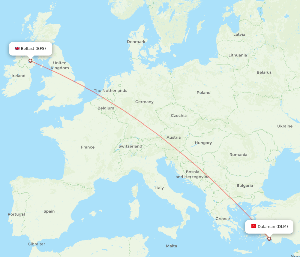 Belfast - Dalaman route map and flight paths