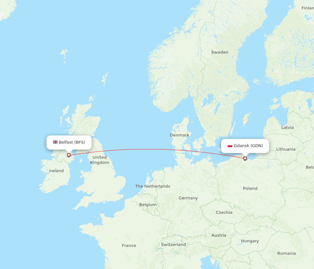 Belfast - Gdansk route map and flight paths