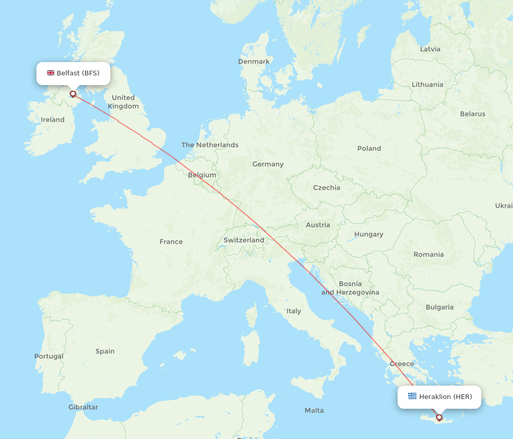 Belfast - Heraklion route map and flight paths
