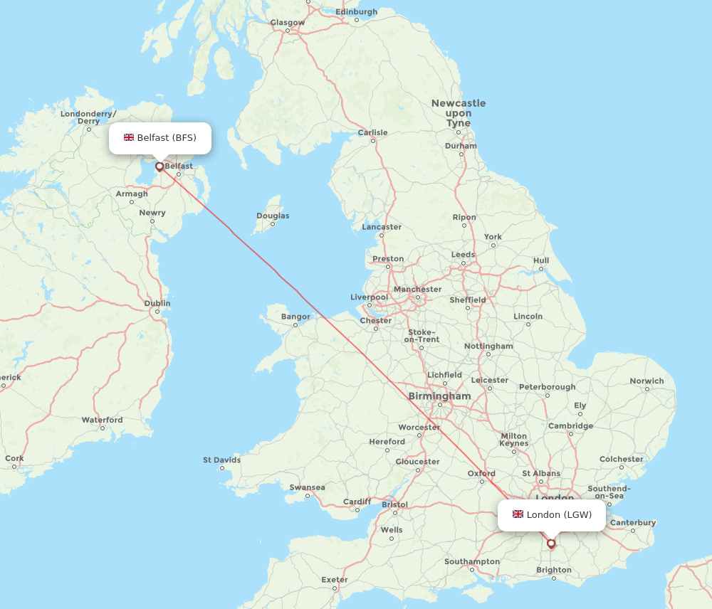 Belfast - London route map and flight paths