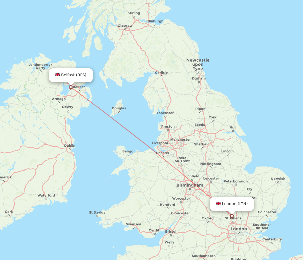 Belfast - London route map and flight paths