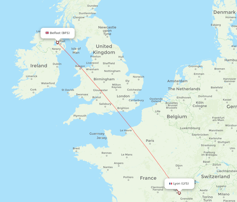 Belfast - Lyon route map and flight paths