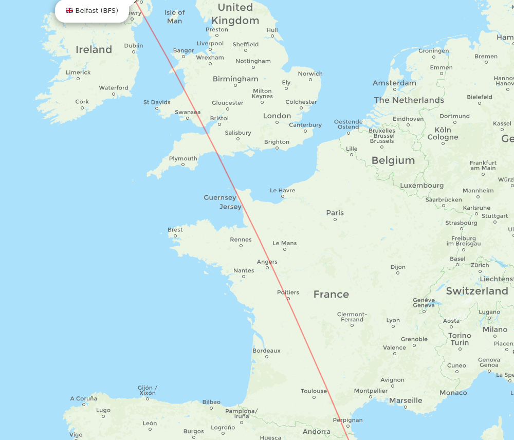 Belfast - Menorca route map and flight paths