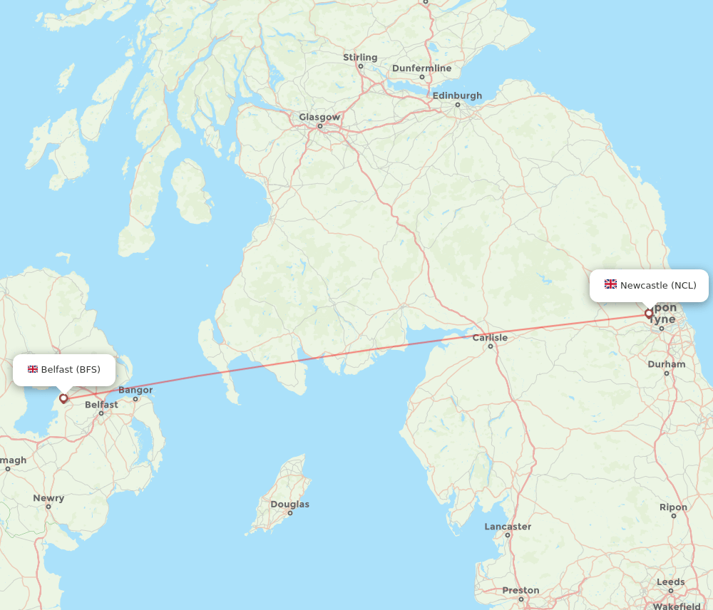 Belfast - Newcastle route map and flight paths