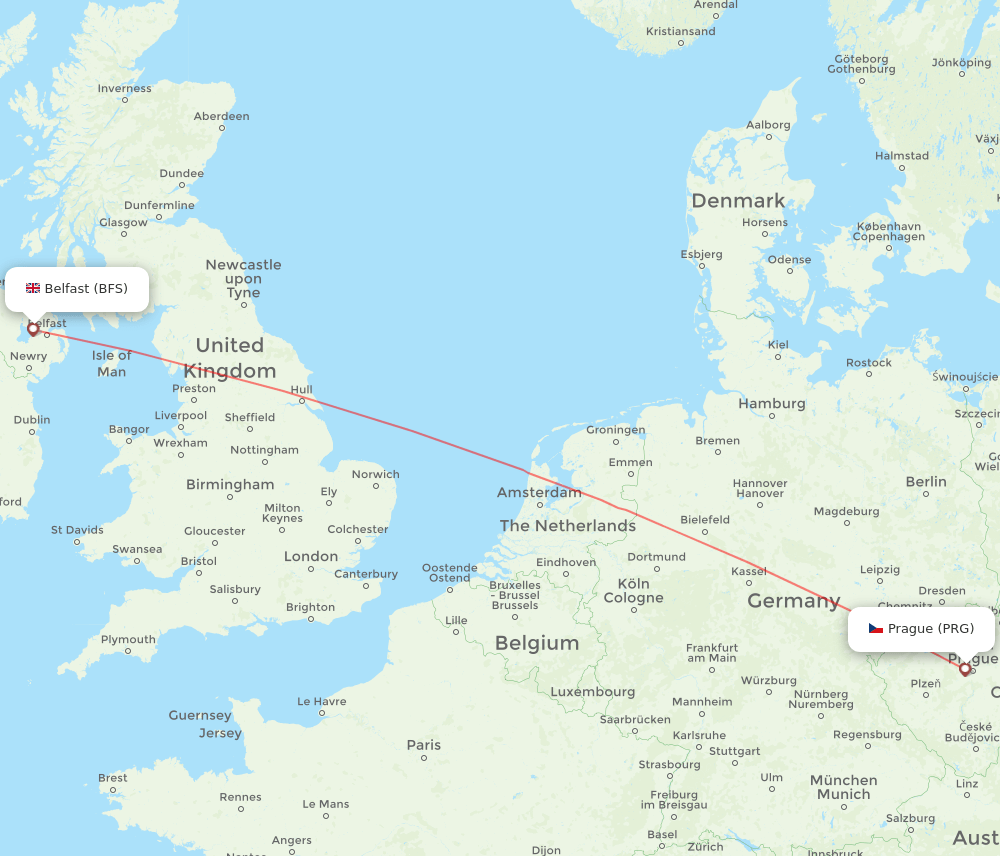 Belfast - Prague route map and flight paths