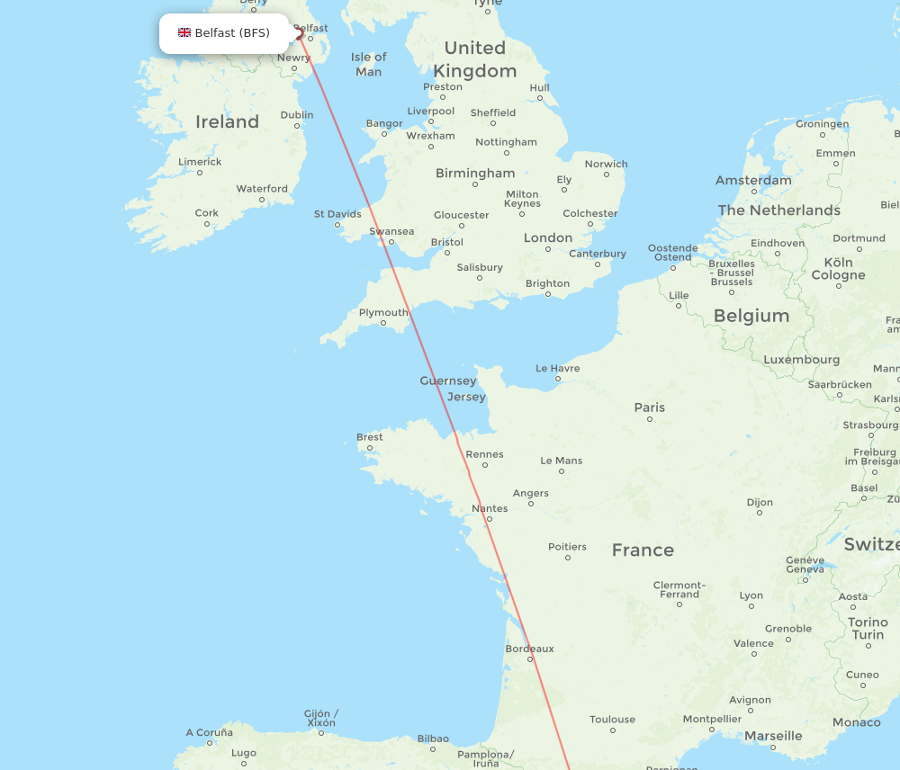 Belfast - Reus route map and flight paths
