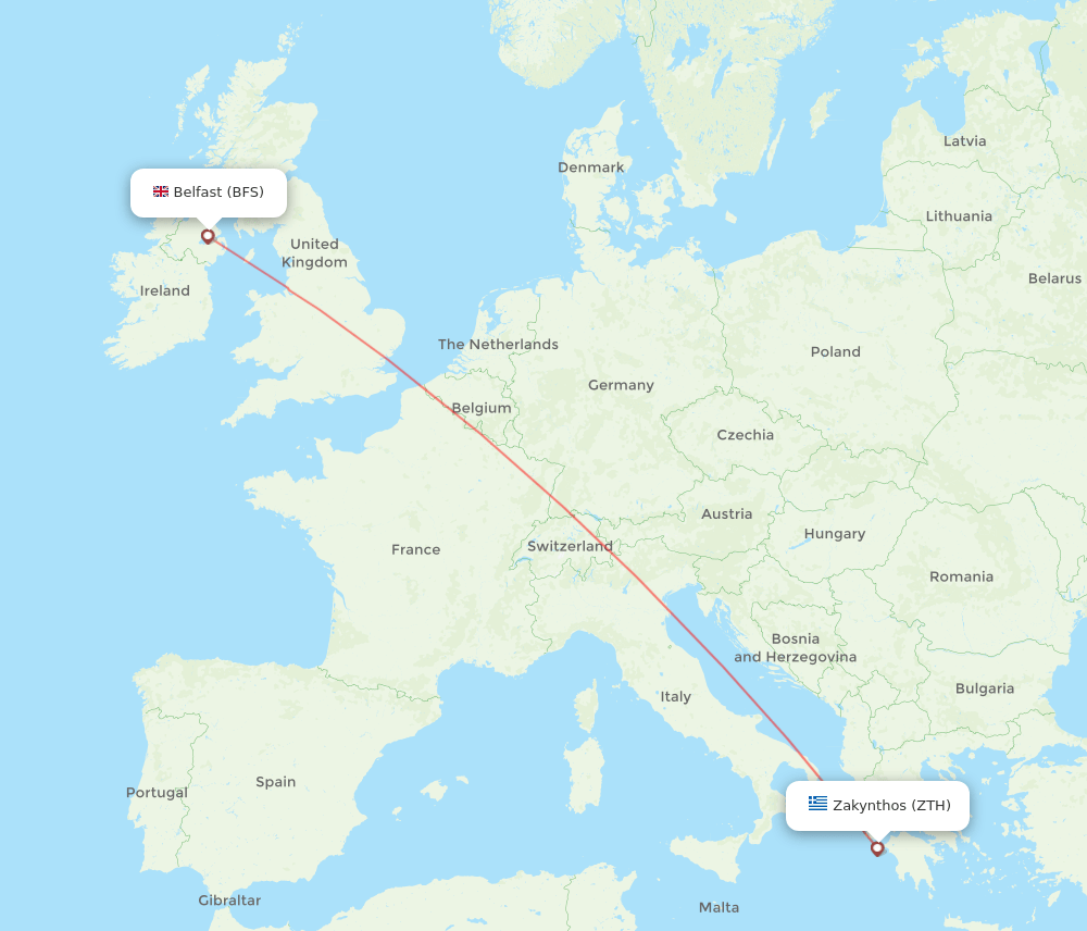 Belfast - Zakinthos route map and flight paths