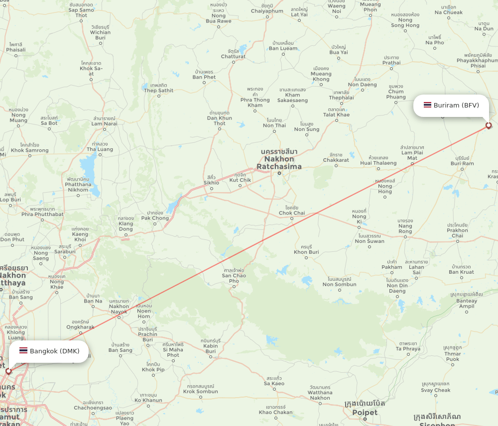 Buri Ram - Bangkok route map and flight paths