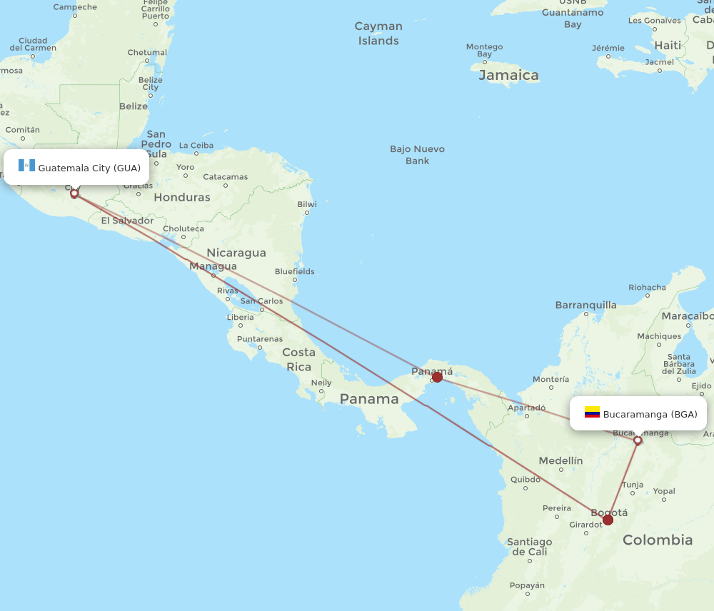BGA to GUA flights and routes map