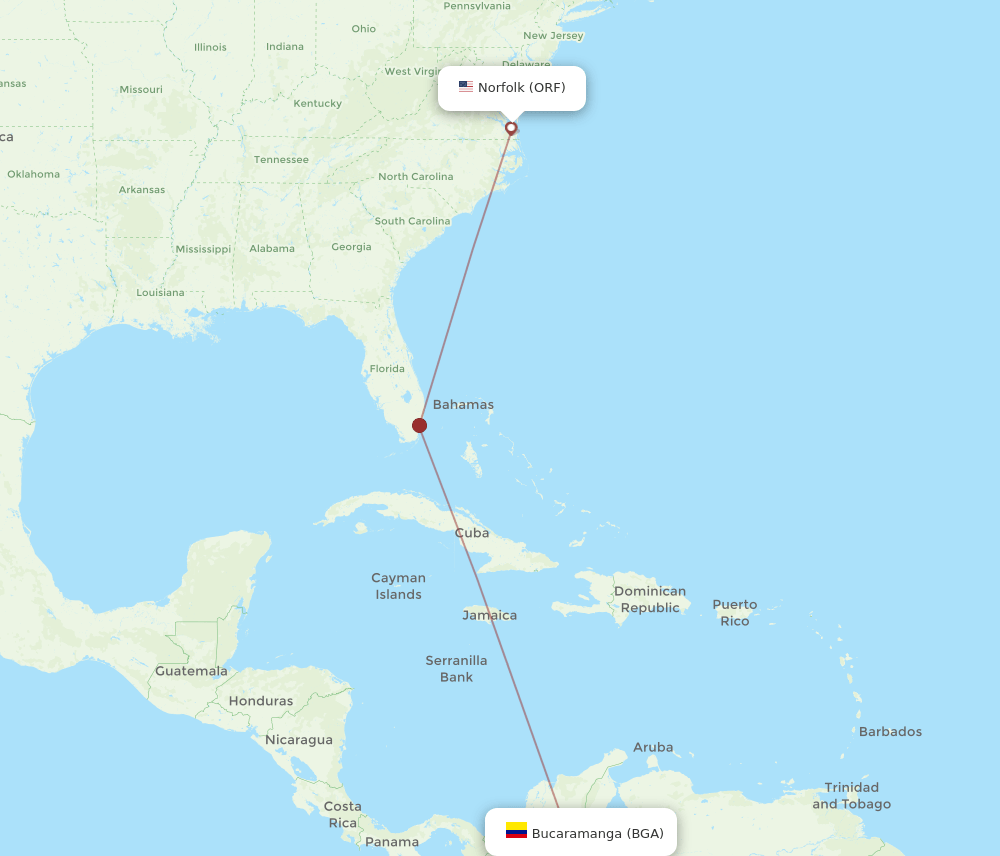 Norfolk - Bucaramanga route map and flight paths