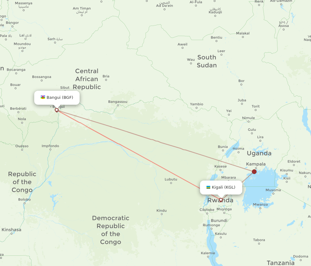 Bangui - Kigali route map and flight paths