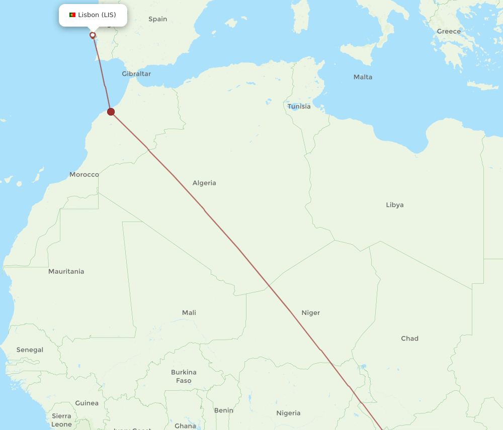 Lisbon - Bangui route map and flight paths