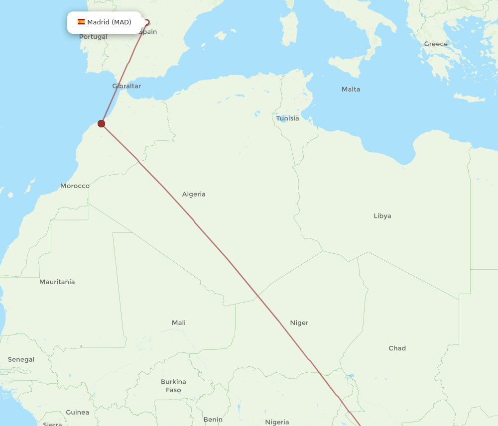 Madrid - Bangui route map and flight paths