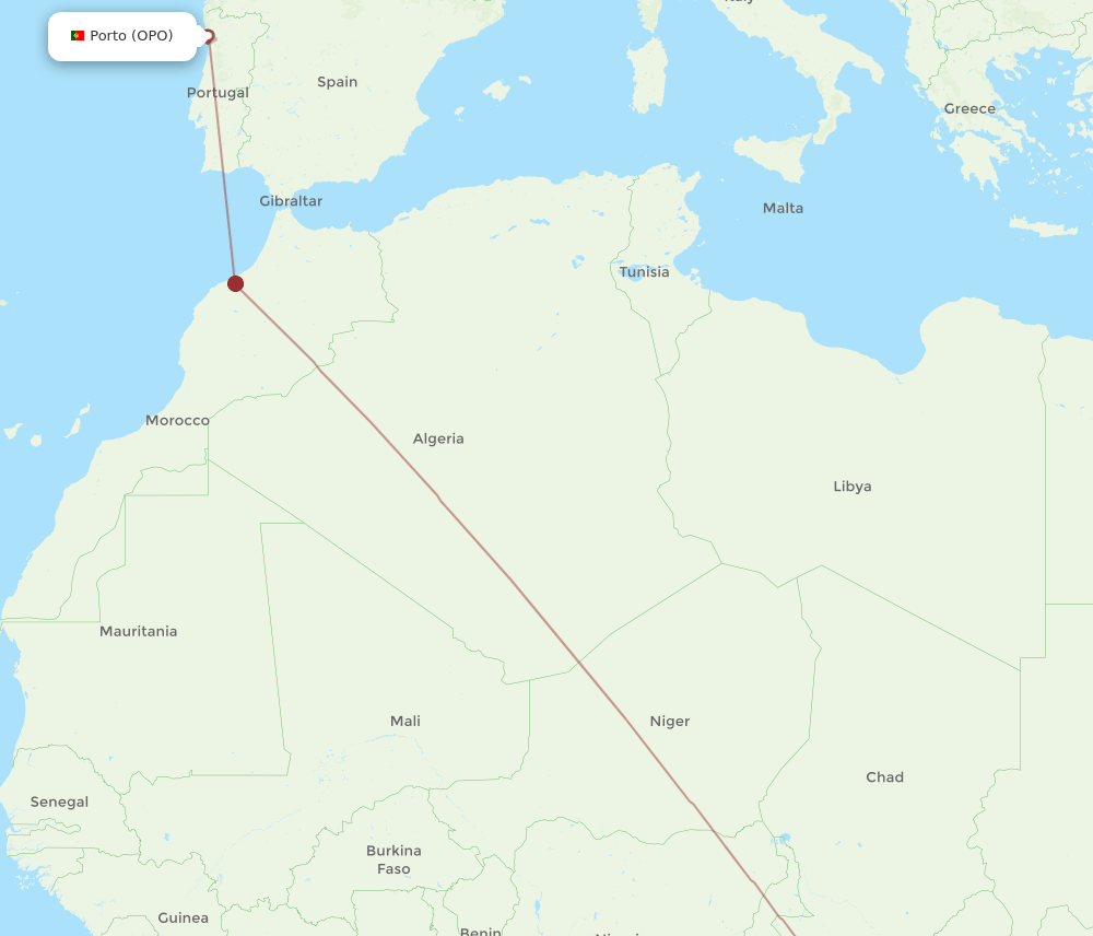 Porto - Bangui route map and flight paths