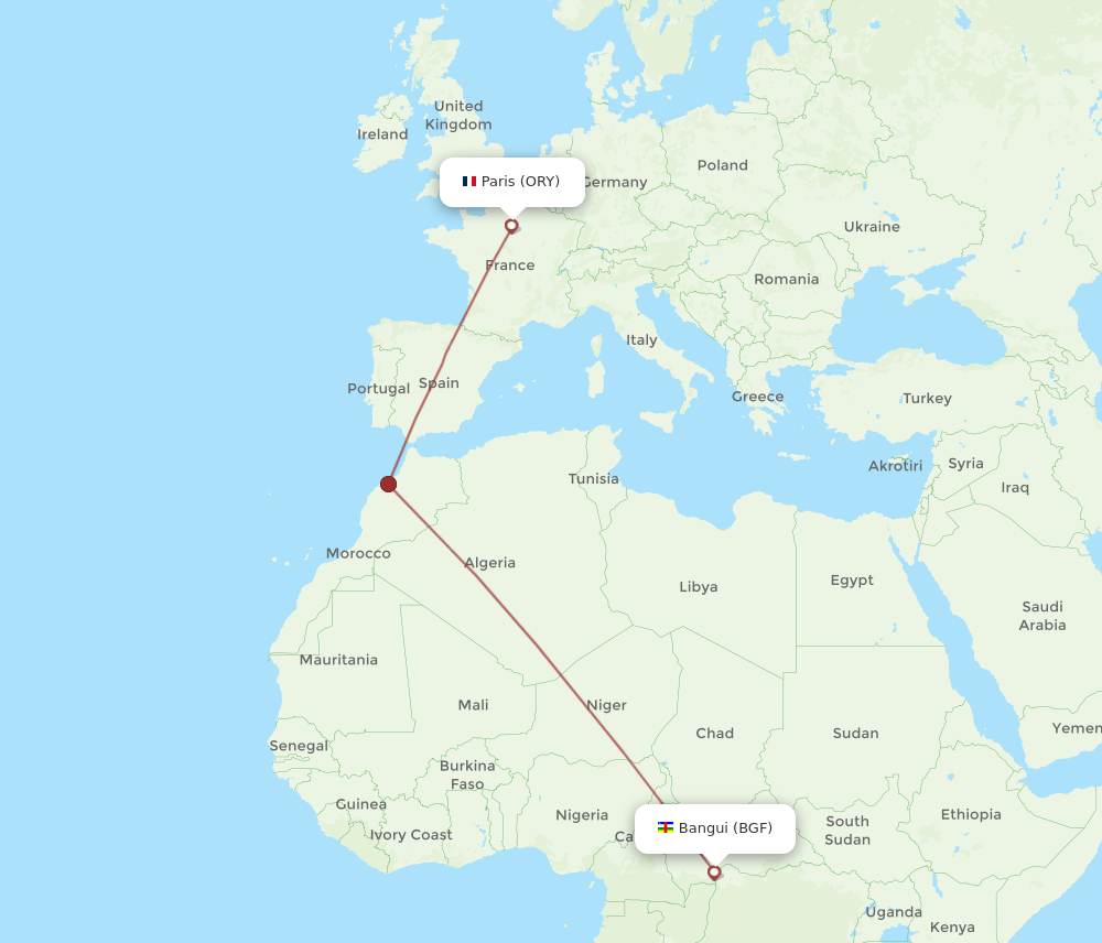 Paris - Bangui route map and flight paths