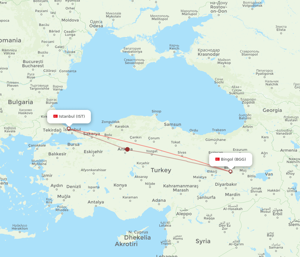 Bingol - Istanbul route map and flight paths