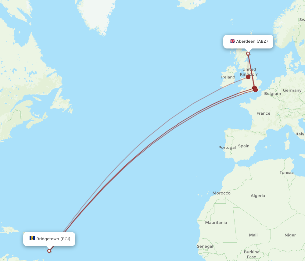 BGI to ABZ flights and routes map