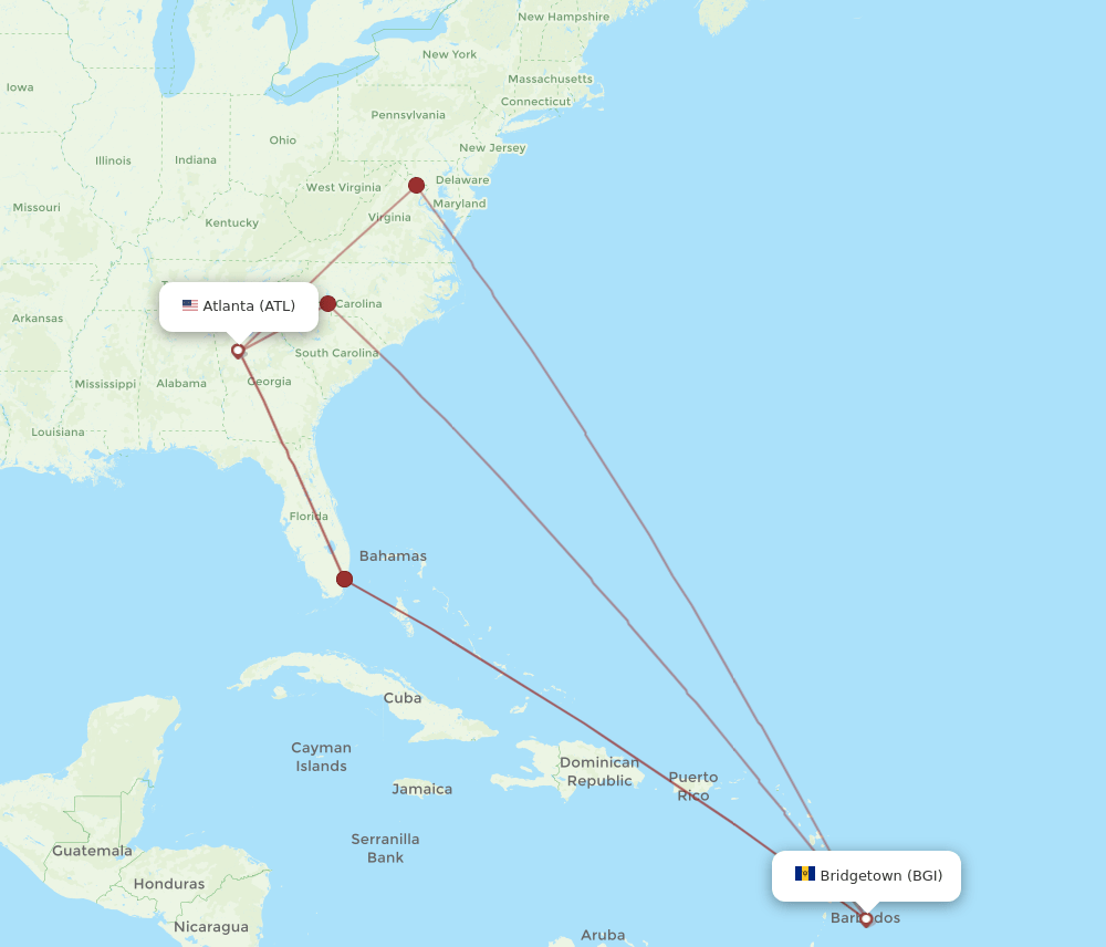 BGI to ATL flights and routes map