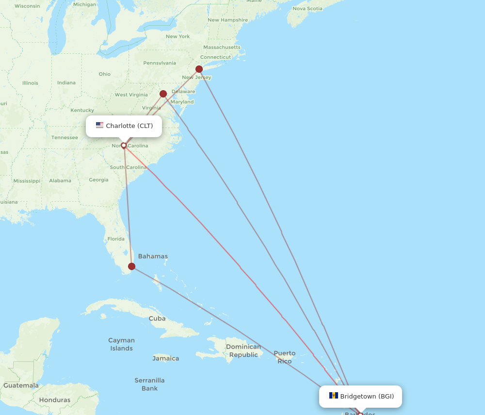 BGI to CLT flights and routes map