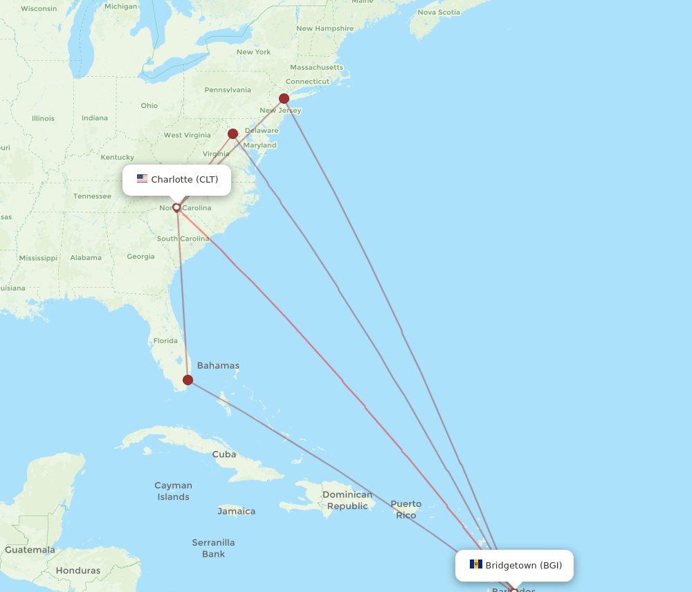 BGI-CLT flight routes