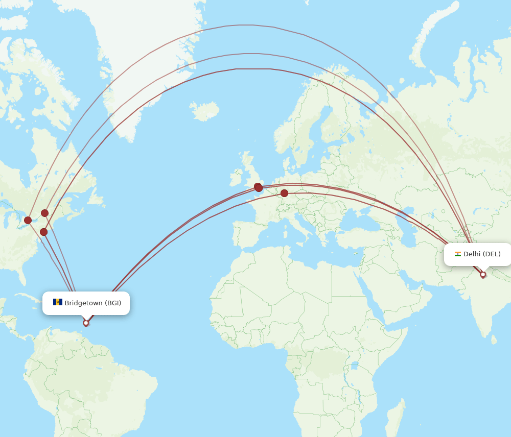 BGI-DEL flight routes