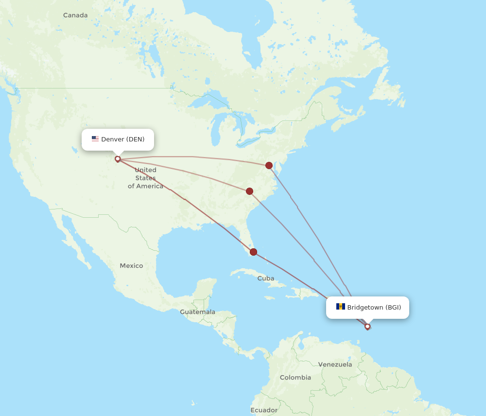 BGI to DEN flights and routes map