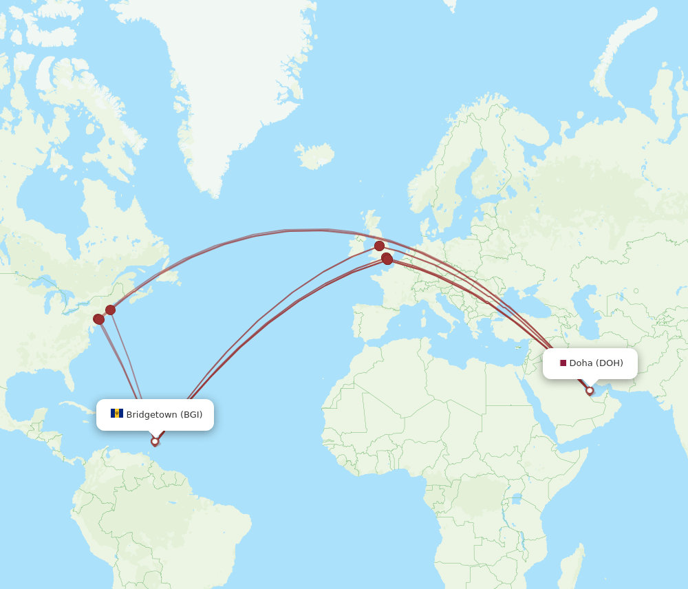 BGI to DOH flights and routes map