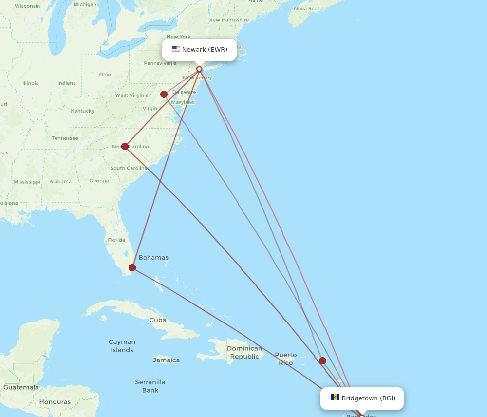 BGI to EWR flights and routes map