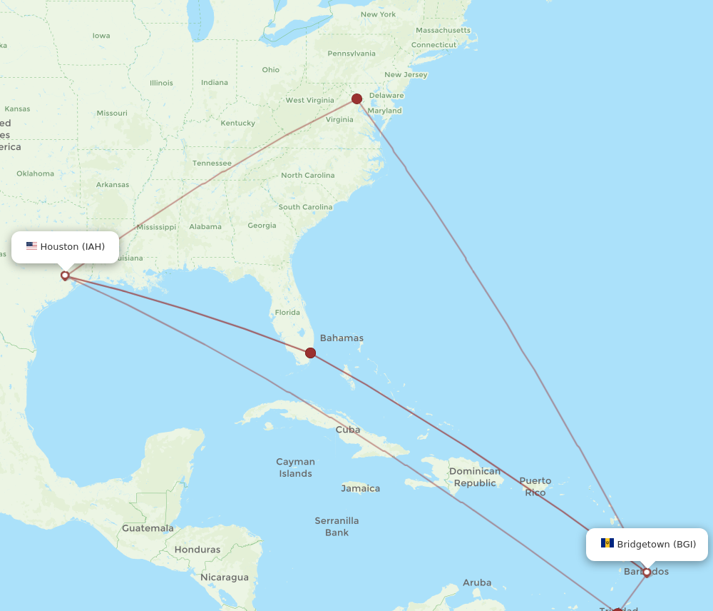 BGI to IAH flights and routes map