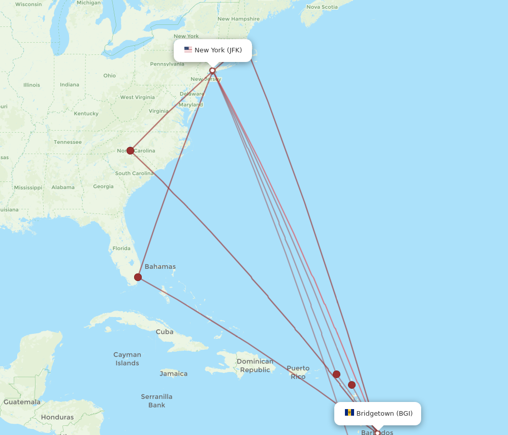 BGI to JFK flights and routes map
