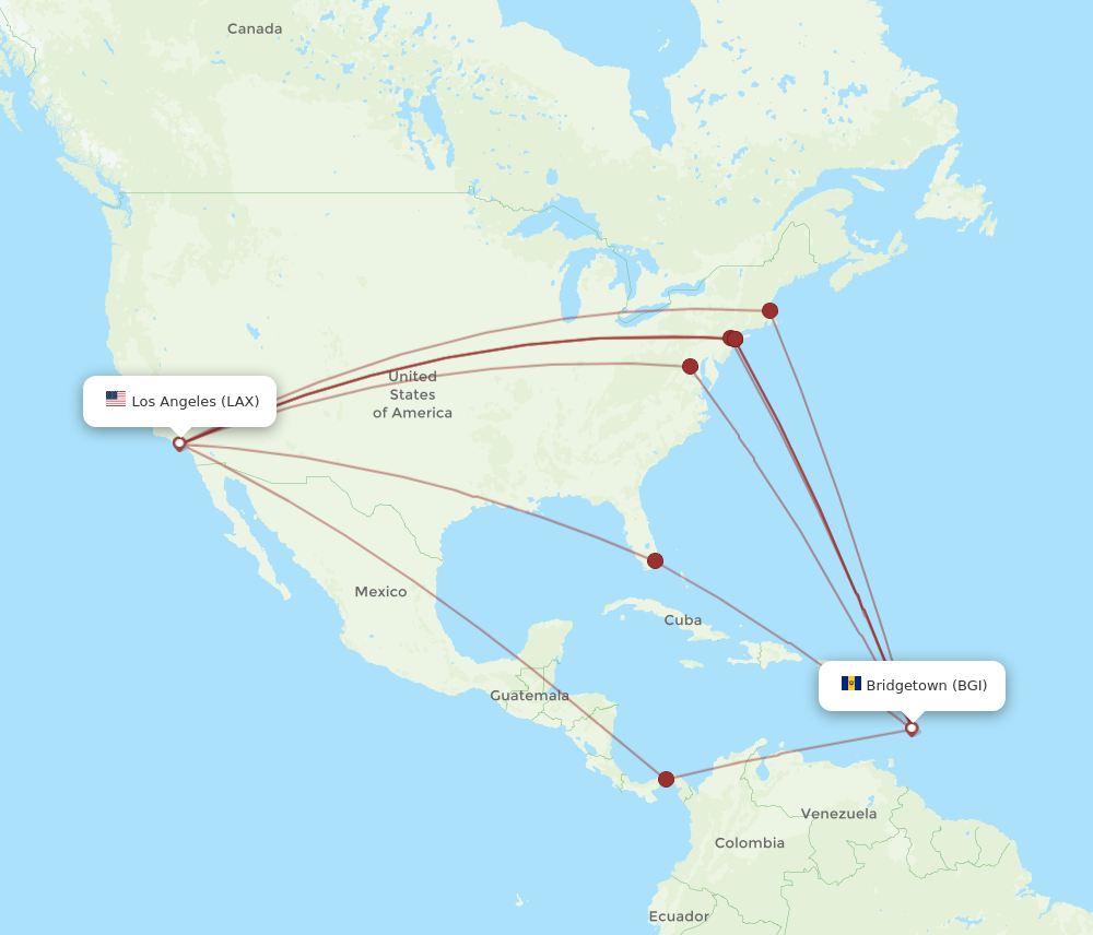 BGI to LAX flights and routes map