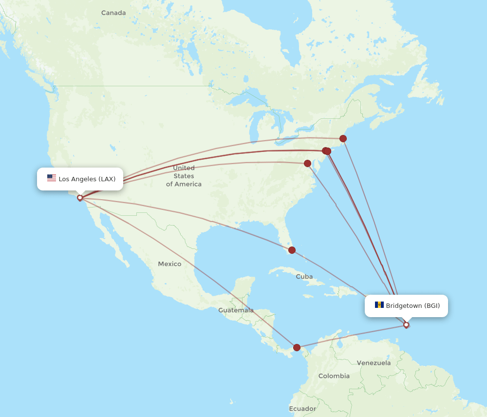 BGI-LAX flight routes
