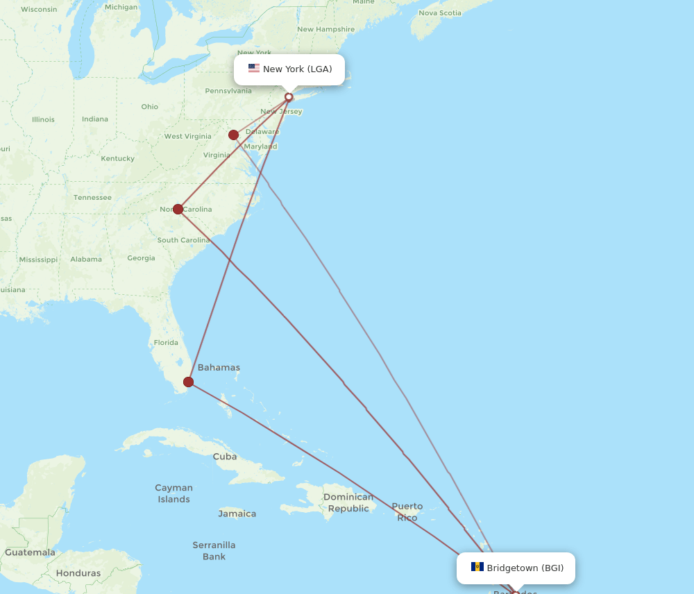 BGI to LGA flights and routes map