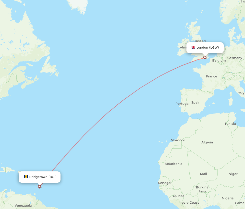 BGI to LGW flights and routes map