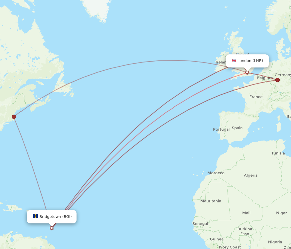 BGI to LHR flights and routes map