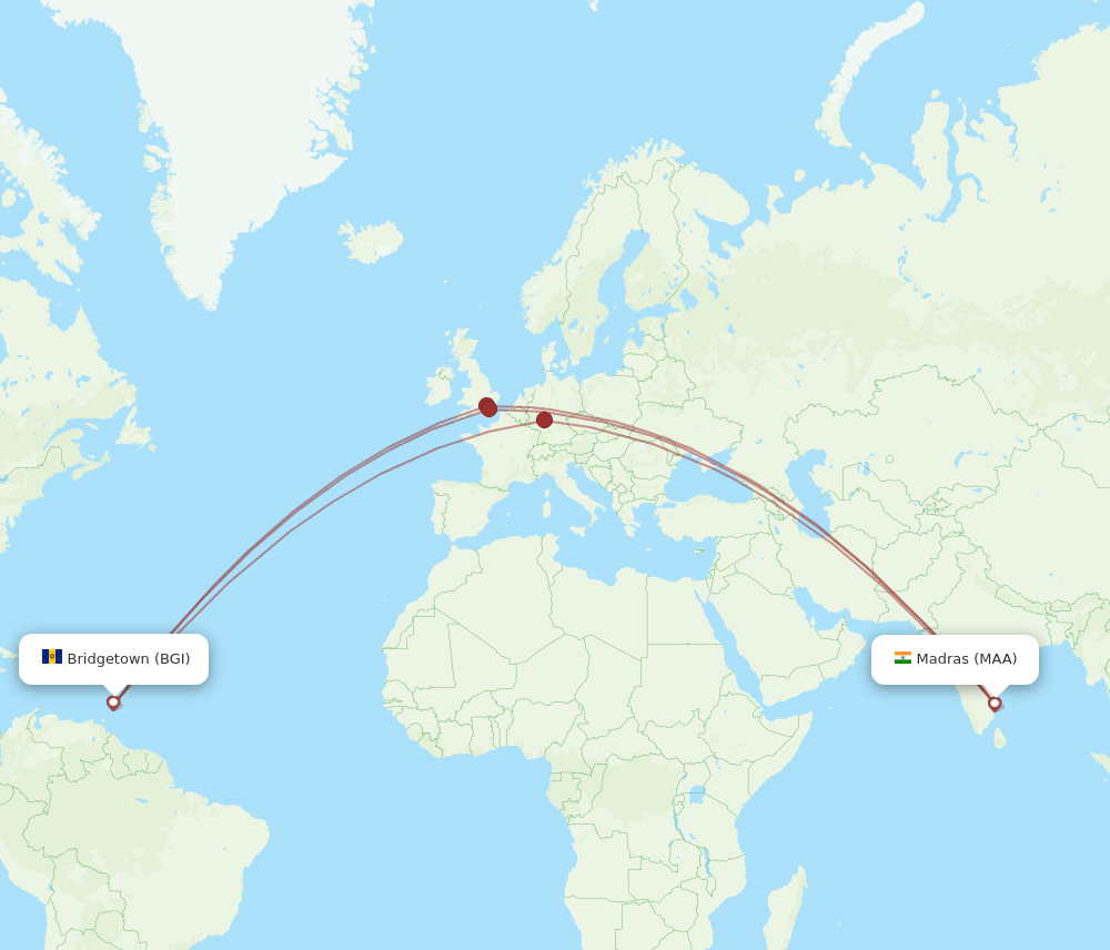 BGI to MAA flights and routes map