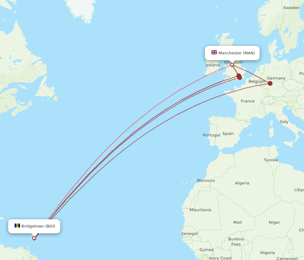 BGI to MAN flights and routes map