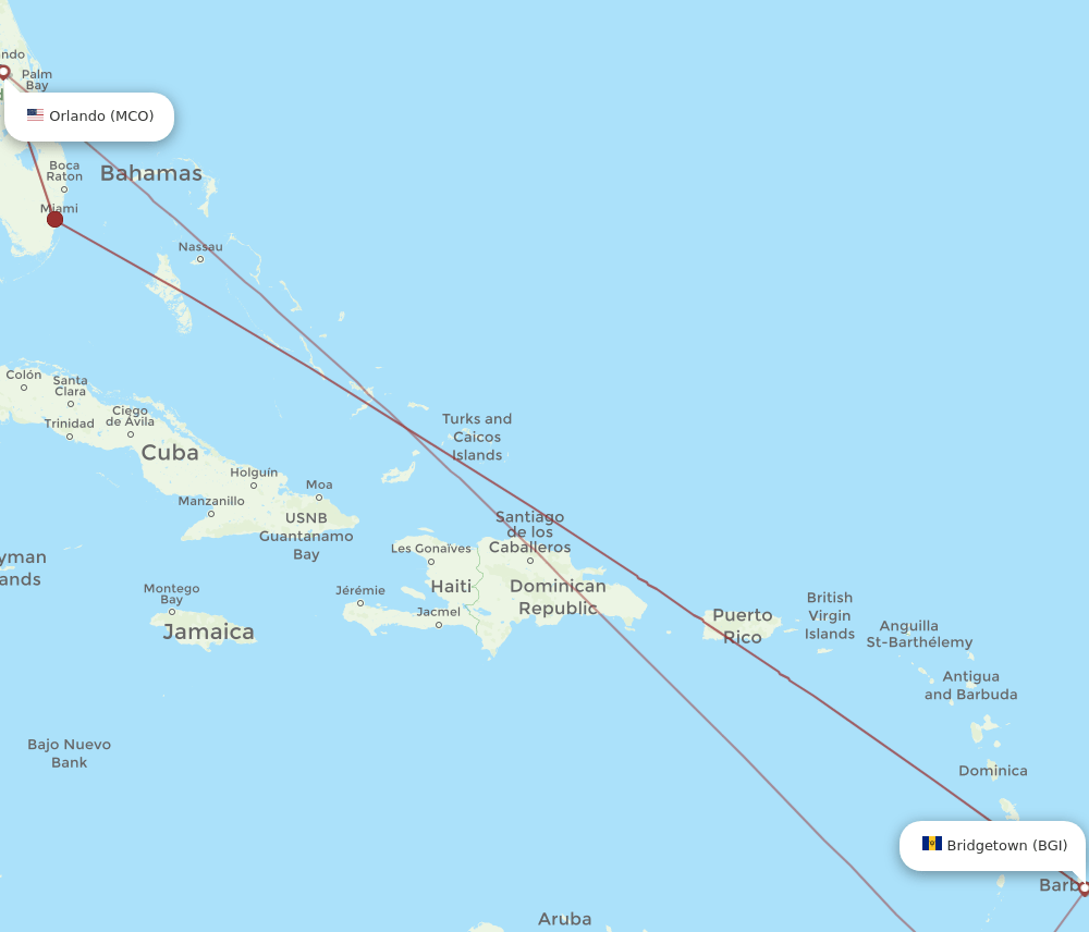 BGI to MCO flights and routes map