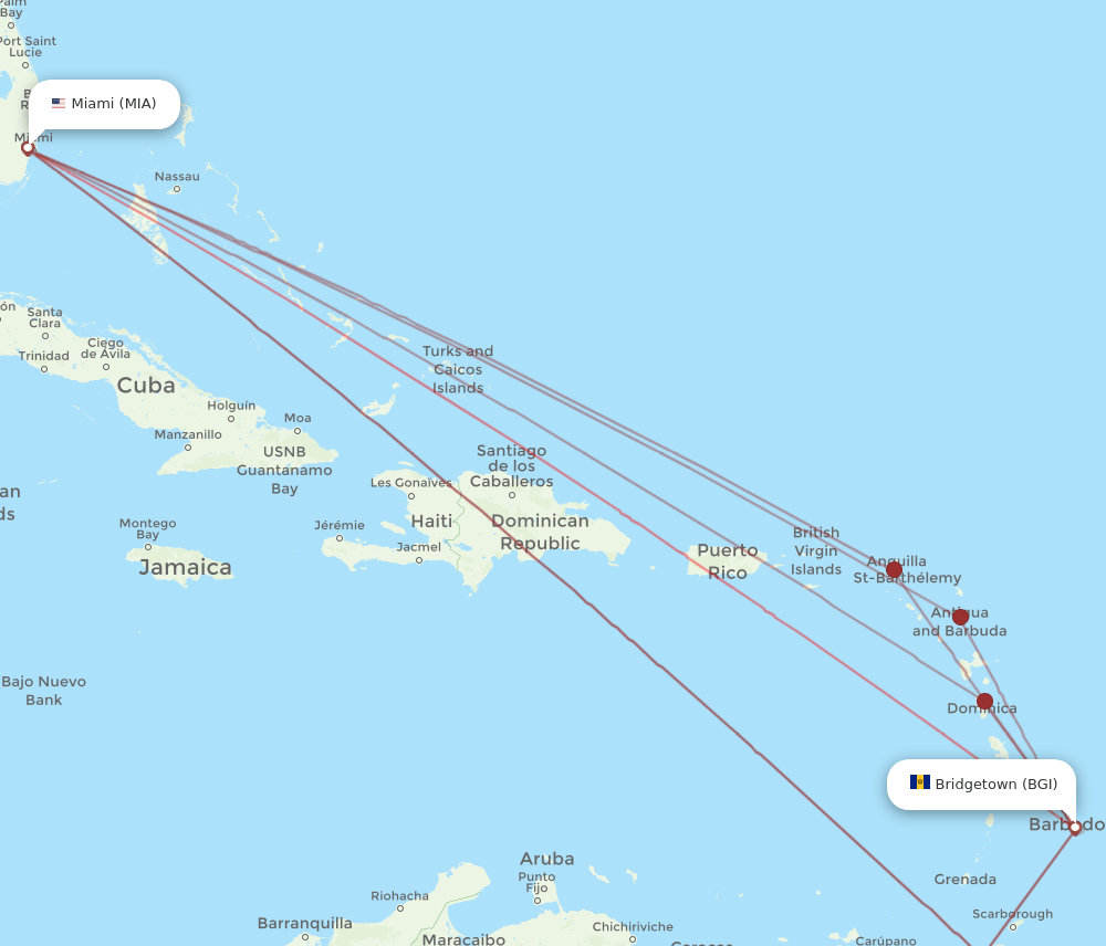 BGI to MIA flights and routes map