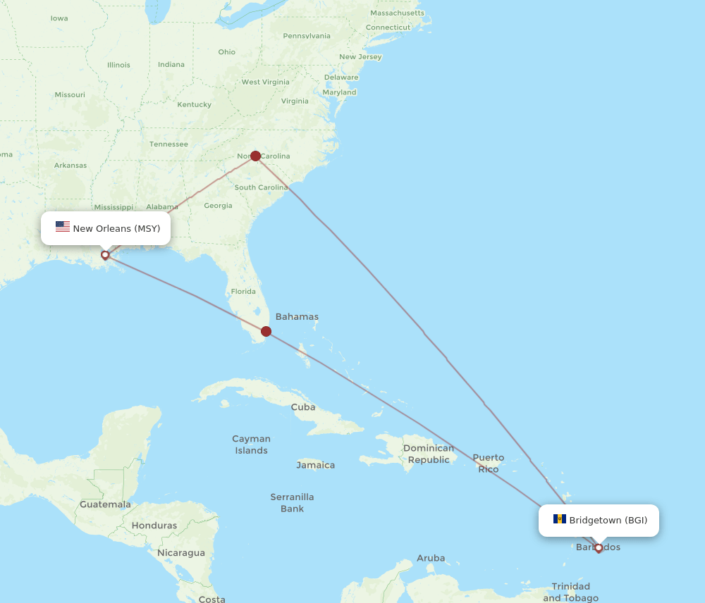 BGI to MSY flights and routes map