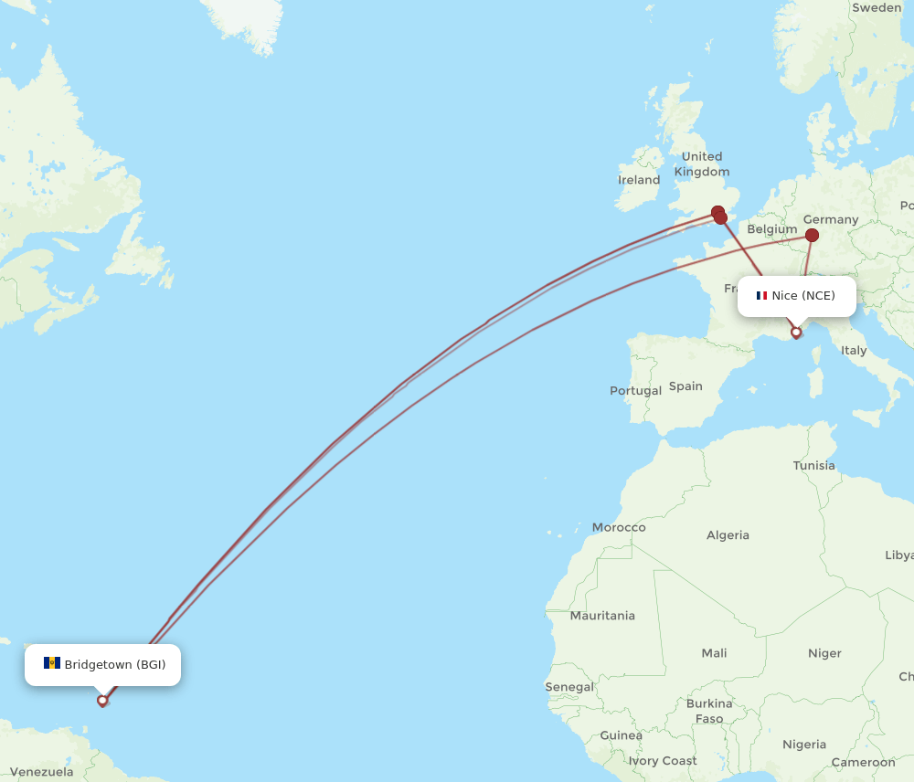 BGI-NCE flight routes