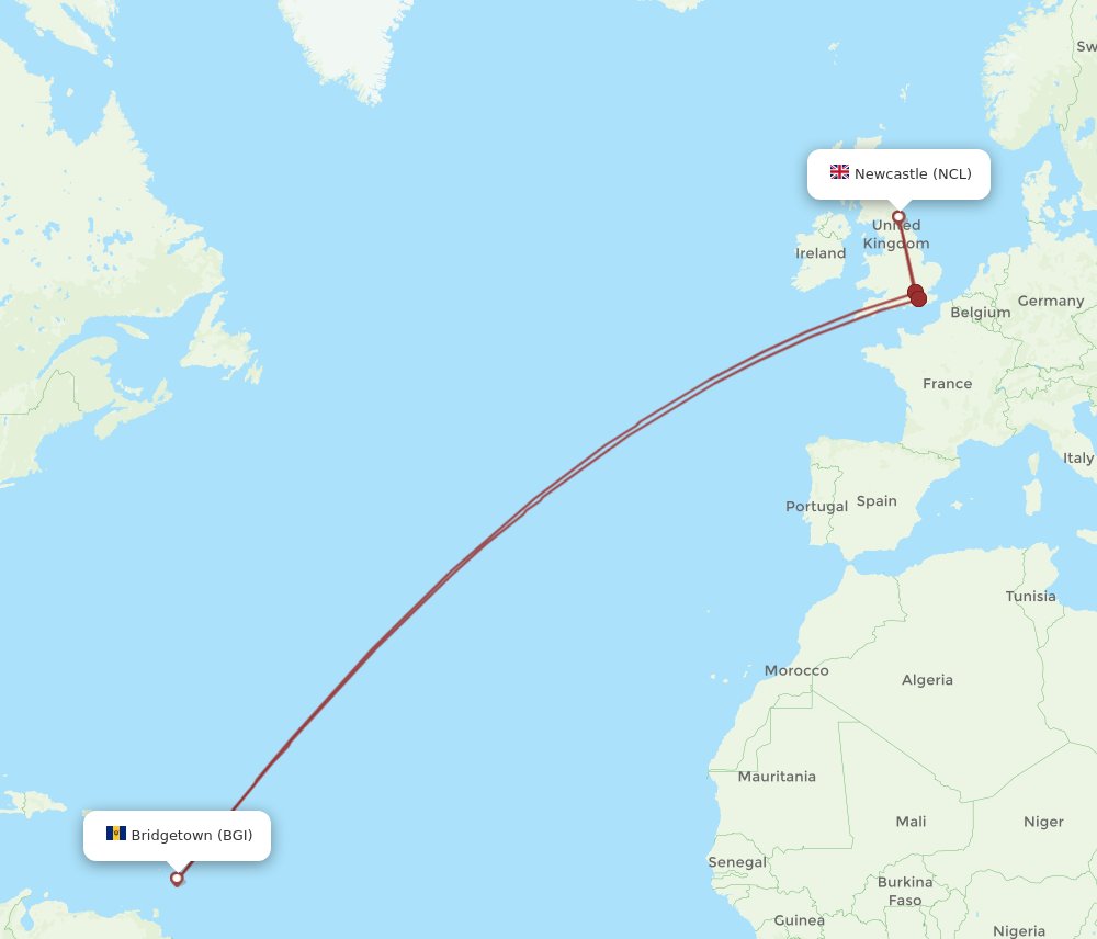 BGI to NCL flights and routes map