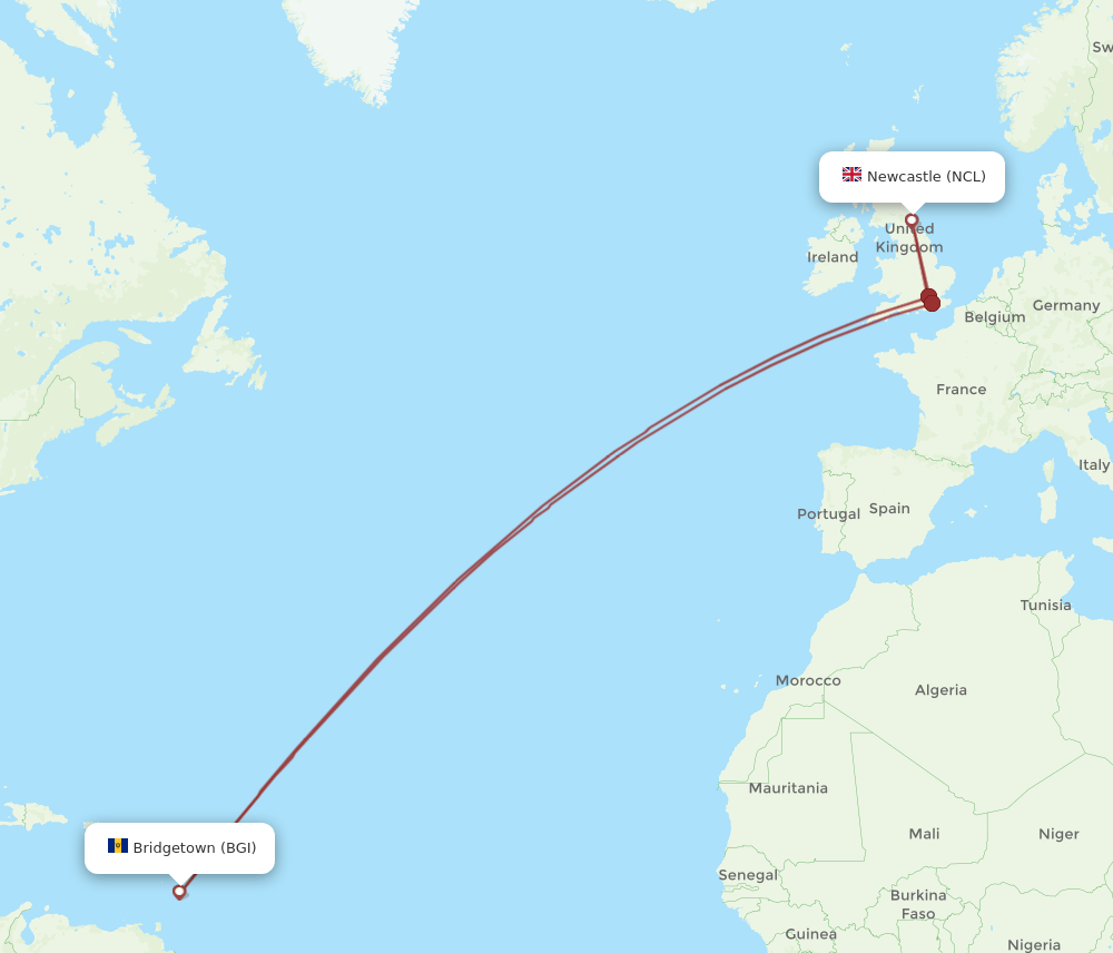 BGI-NCL flight routes