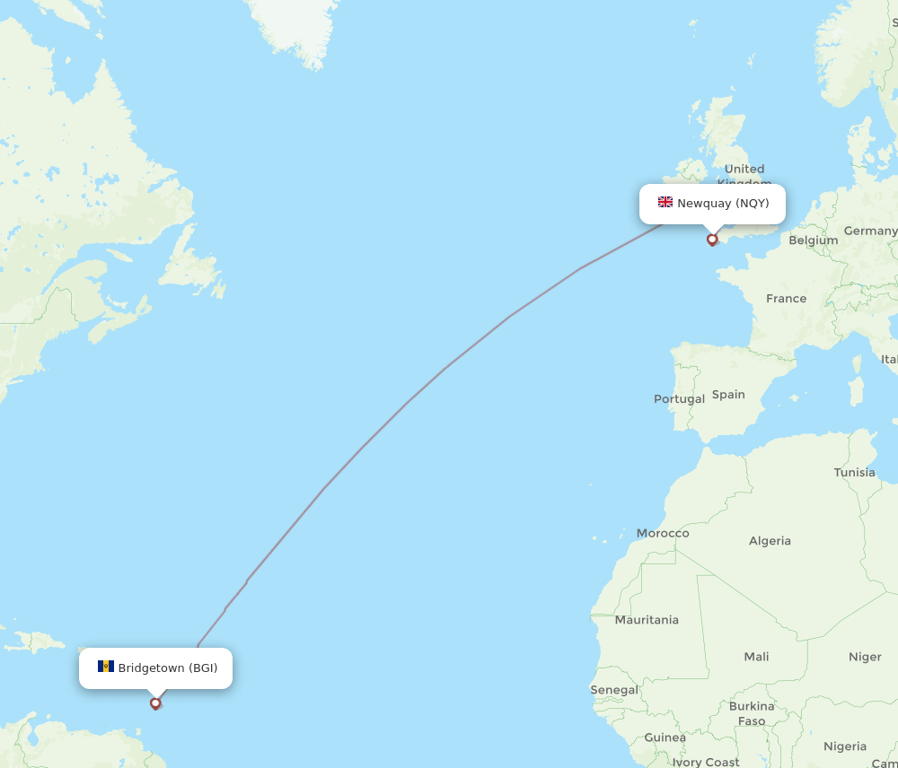 Newquay - Bridgetown route map and flight paths