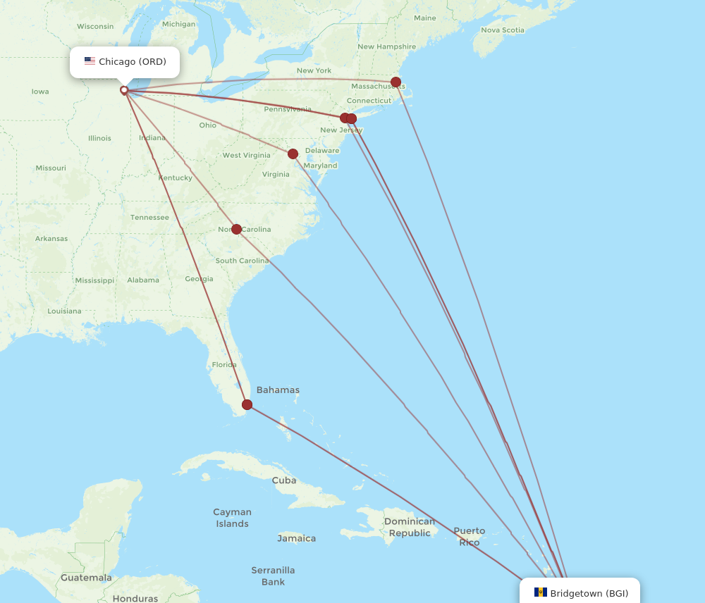 BGI to ORD flights and routes map