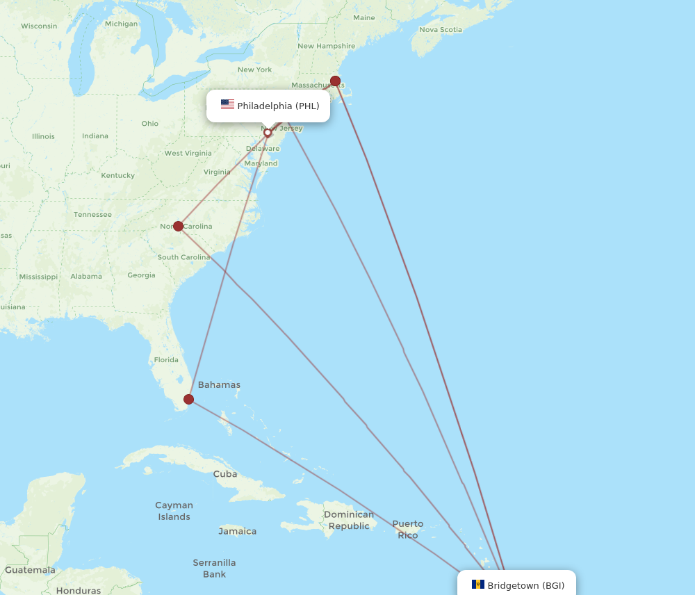 BGI to PHL flights and routes map
