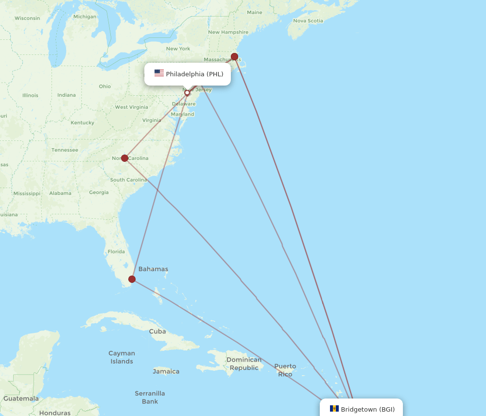 BGI to PHL flights and routes map