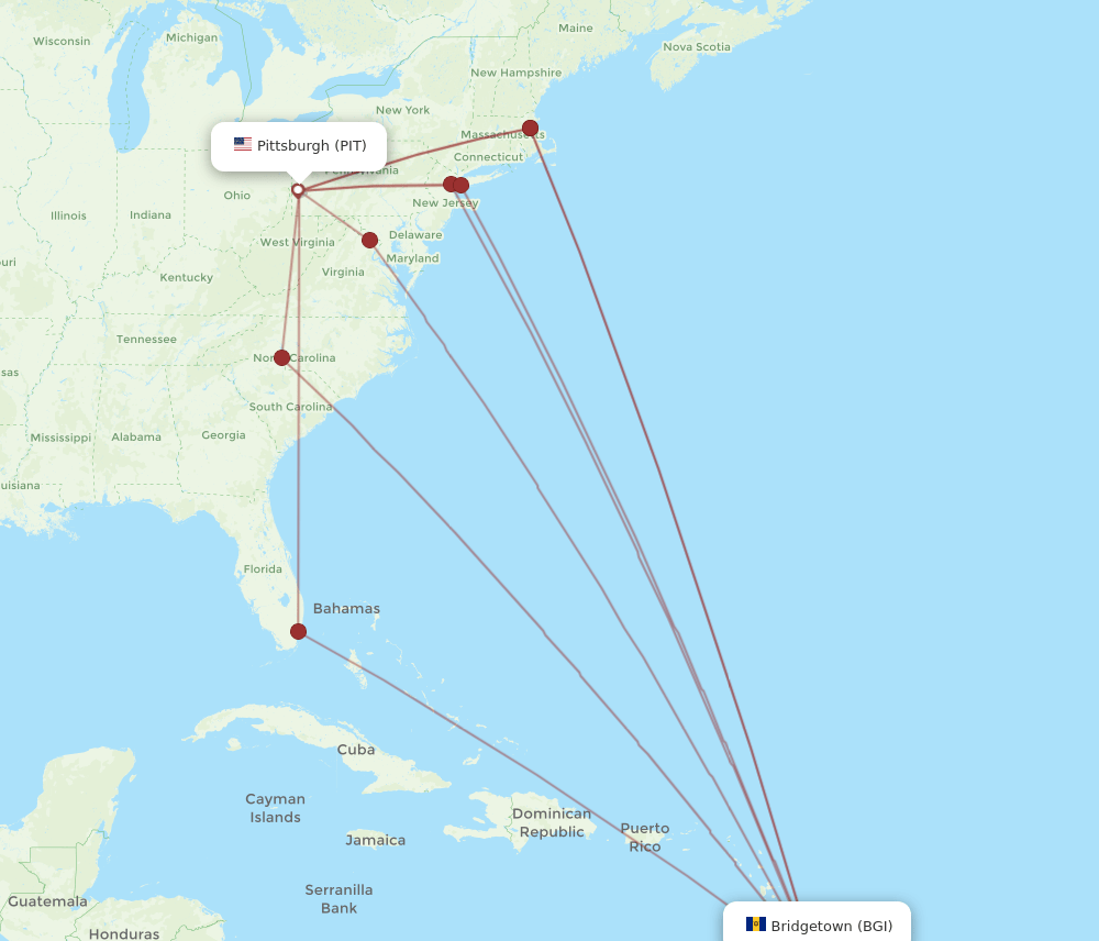 BGI to PIT flights and routes map